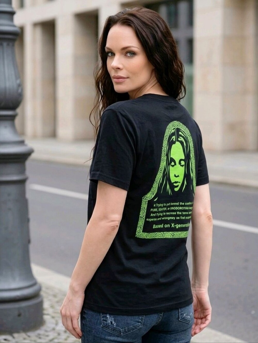 X-Girl Cyberpunk Face Logo Graphic Tee Black Lime Green Streetwear Shirt Sz M